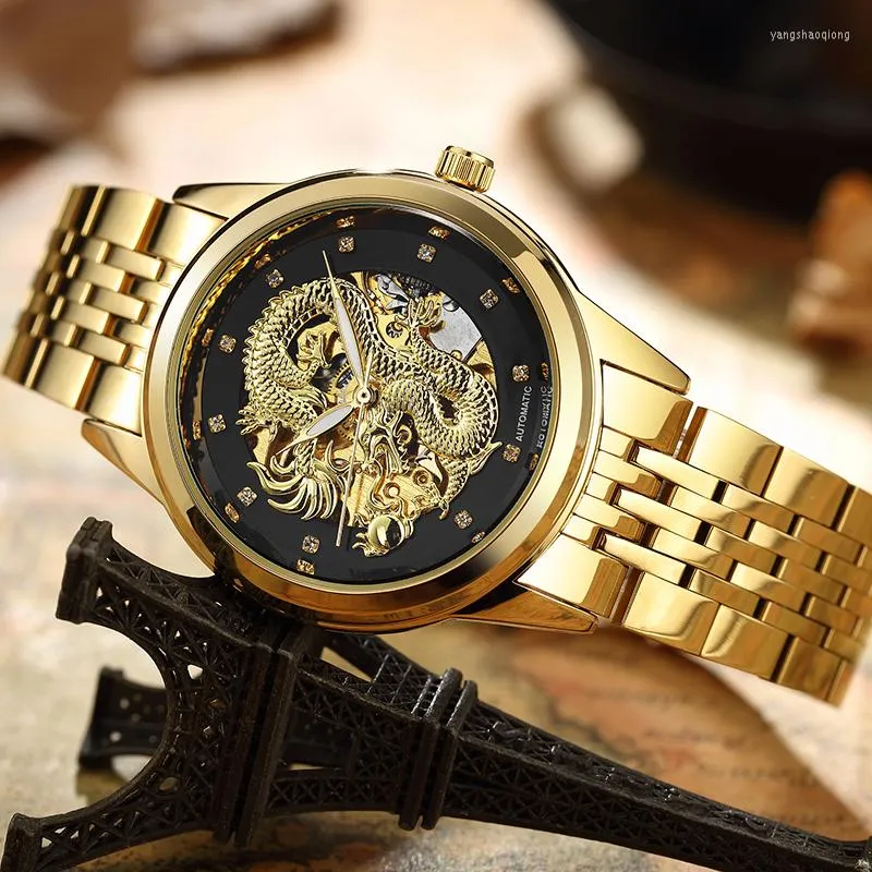 Wristwatches BOX Luxury Chinese Dragon Watches Men Automatic MECHANICAL Golden Wristwatch Stainless Steel Luminous Hands Male Skeleton Reloj