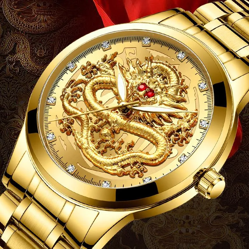 Wristwatches 2022 Golden Mens Watches Top Chinese Dragon Watch Business Full Steel Quartz Clock Male Relogio Masculino