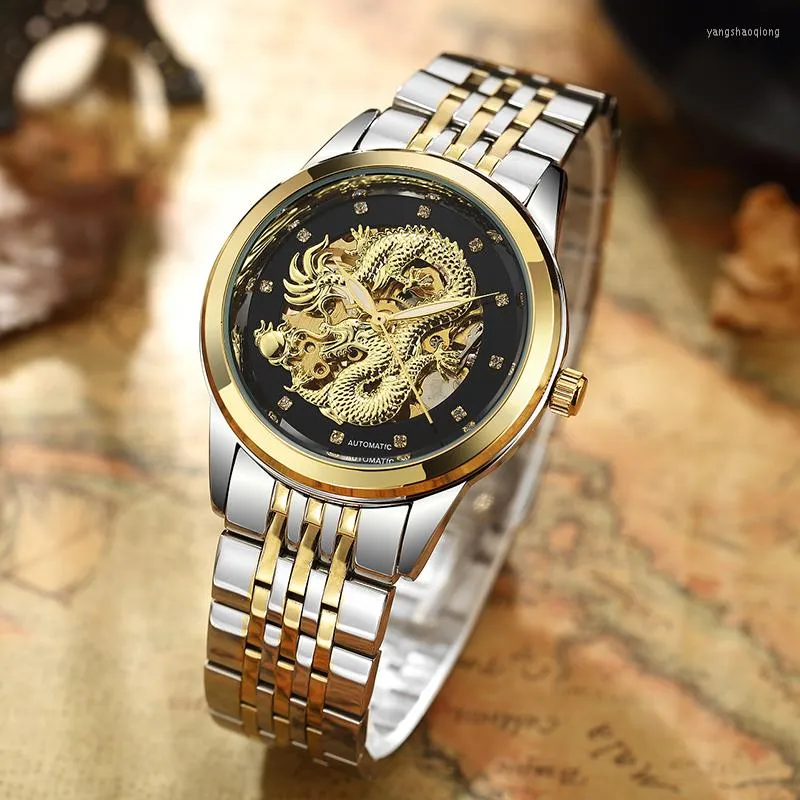 Wristwatches BOX Luxury Chinese Dragon Watches Men Automatic MECHANICAL Golden Wristwatch Stainless Steel Luminous Hands Male Skeleton Reloj