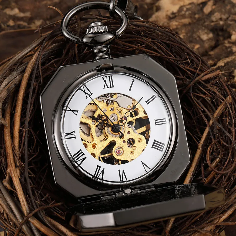 Pocket Watches Square Mechanical Pocket Watch Men Black Lucky Chinese Kirin Fighting China Animal Brave Symbol Pendant Chain Fob Clock 221111