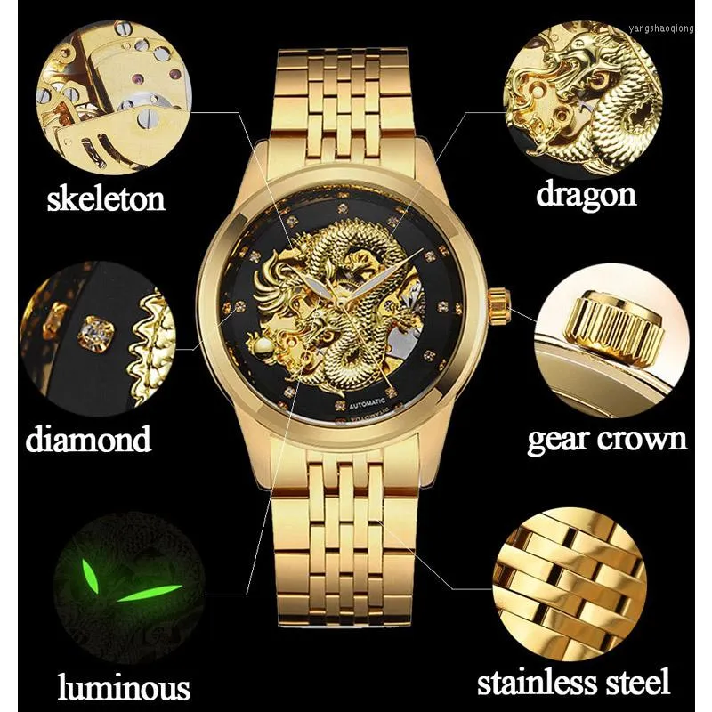 Wristwatches BOX Luxury Chinese Dragon Watches Men Automatic MECHANICAL Golden Wristwatch Stainless Steel Luminous Hands Male Skeleton Reloj