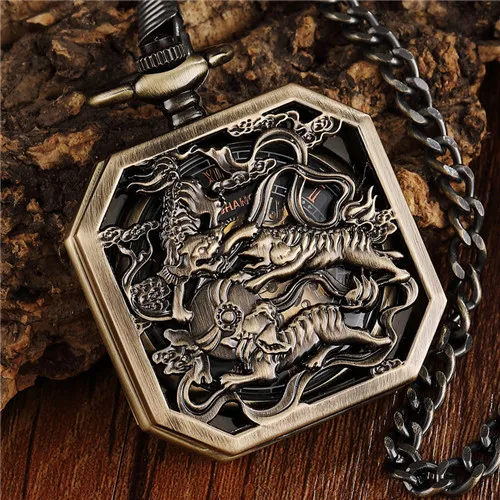 Pocket Watches Square Mechanical Pocket Watch Men Black Lucky Chinese Kirin Fighting China Animal Brave Symbol Pendant Chain Fob Clock 221111