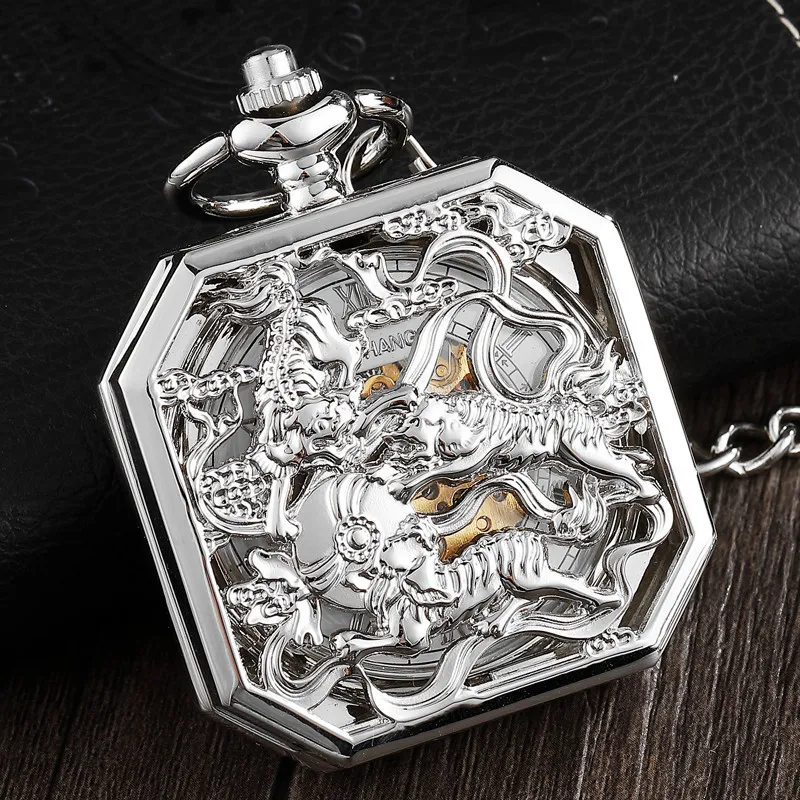 Pocket Watches Square Mechanical Watch Men Black Lucky Chinese Kirin Fighting China Animal Brave Symbol Pendant Chain Fob Clock 221105