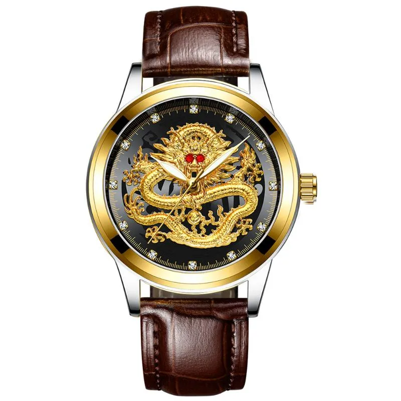 Wristwatches Golden Mens Watches Top Chinese Dragon Watch Business Full Steel Quartz Clock Male Relogio Masculino Moun22