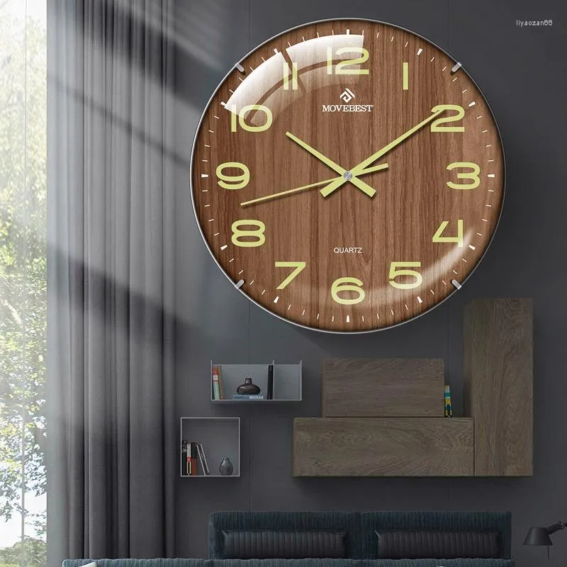 Wall Clocks 12 Inches Clock Luminous Arc Chinese Wood Grain Home Living Room Mute Rimless Convex Glass Watch Decor Garden