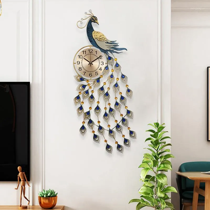 Wall Clocks Metal Peacock Clock Chinese Quiet Living Room Restaurant Kitchen Hanging Watch Single Sided Battery Powered