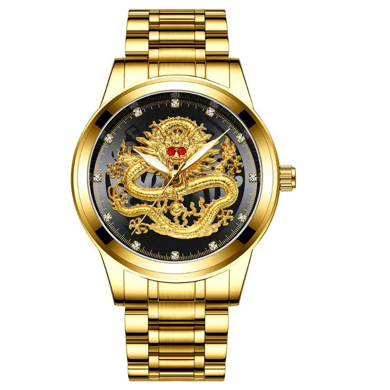 Wristwatches 2022 Golden Mens Watches Top Chinese Dragon Watch Business Full Steel Quartz Clock Male Relogio Masculino