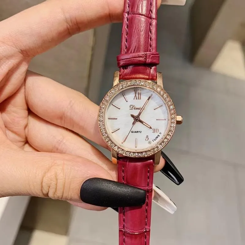 Wristwatches Candy Color Real Leather Strap Wrist Watch For Women Sparkly Crystals Analog Watches Waterproof Shell China Chic LOVE