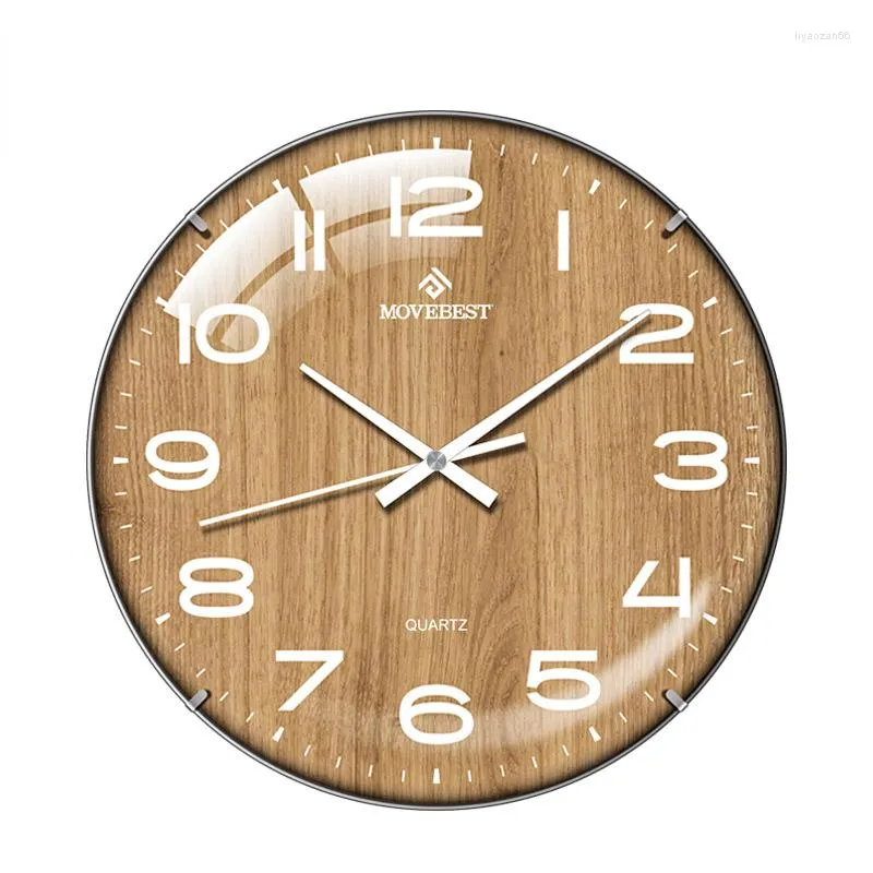 Wall Clocks 12 Inches Clock Luminous Arc Chinese Wood Grain Home Living Room Mute Rimless Convex Glass Watch Decor Garden