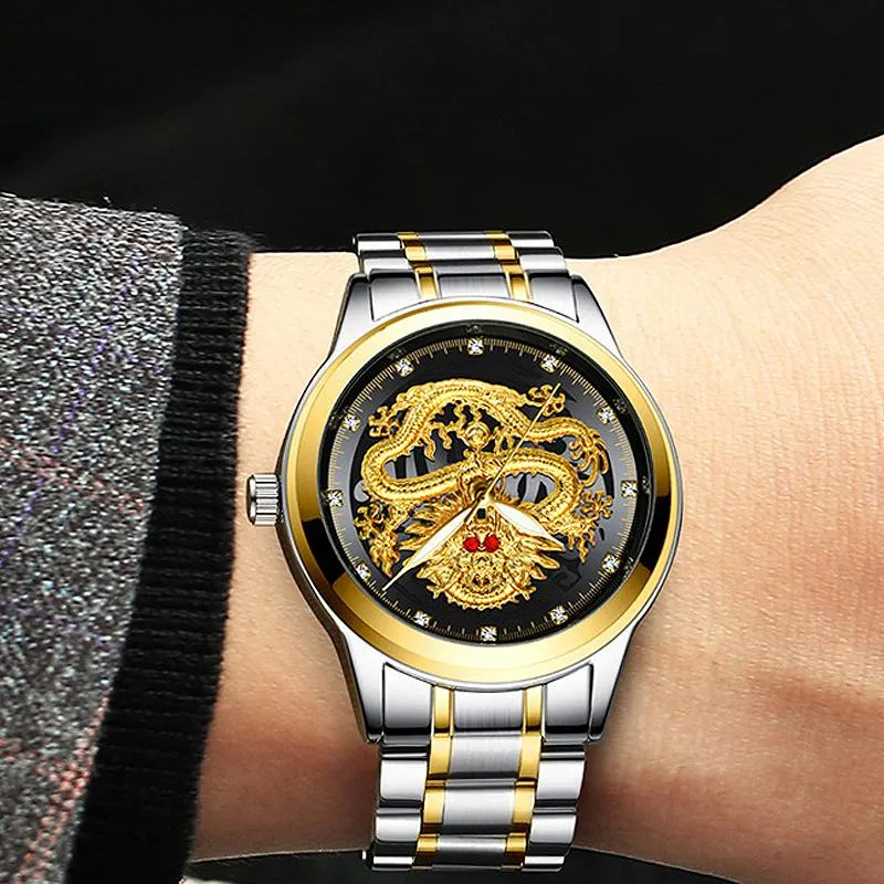 Wristwatches 2022 Golden Mens Watches Top Chinese Dragon Watch Business Full Steel Quartz Clock Male Relogio Masculino