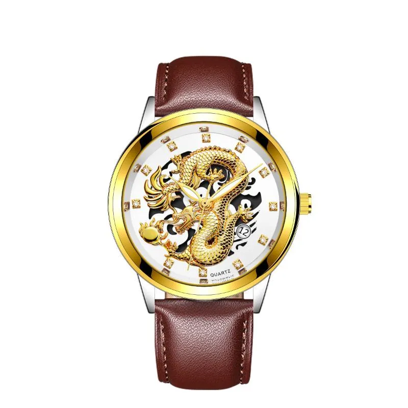 Wristwatches Top Men Quartz Watch Classic Chinese Style Embossed Golden Dragon Steel Band Business Drop