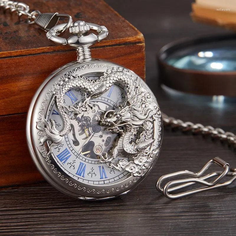 Pocket Watches Luxury Sliver Steampunk Skeleton Chinese Flying Dragon Mechanical Watch Chain Pendant Hand Wind Men Fob