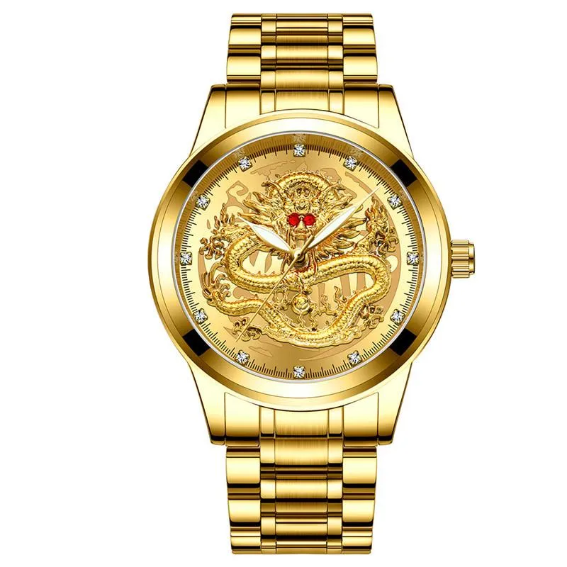 Wristwatches 2022 Golden Mens Watches Top Chinese Dragon Watch Business Full Steel Quartz Clock Male Relogio Masculino