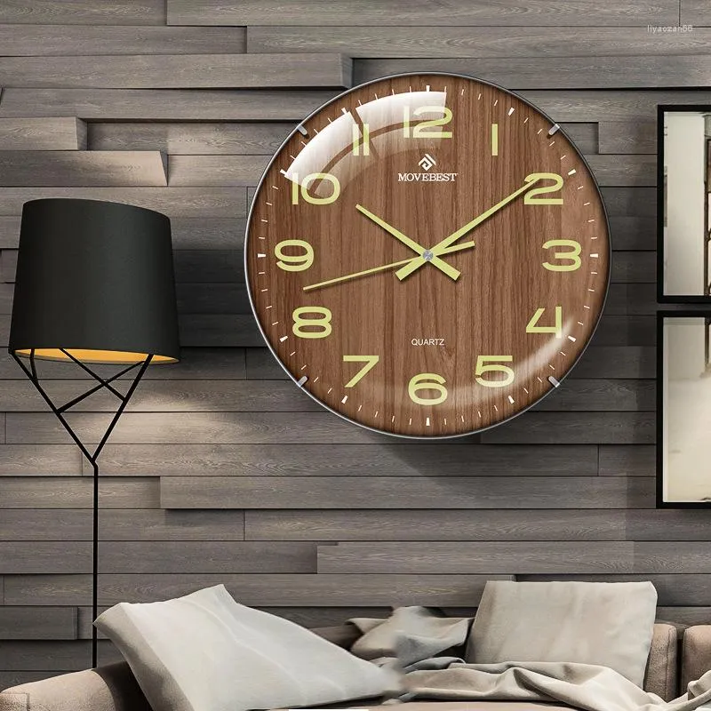 Wall Clocks 12 Inches Clock Luminous Arc Chinese Wood Grain Home Living Room Mute Rimless Convex Glass Watch Decor Garden