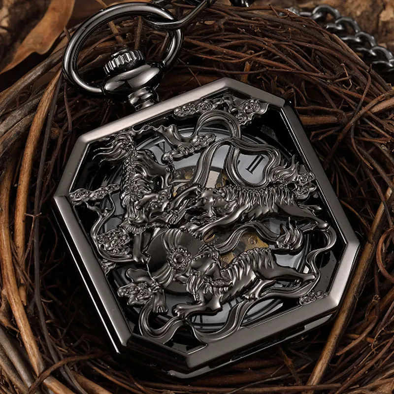 Pocket Watches Square Mechanical Pocket Watch Men Black Lucky Chinese Kirin Fighting China Animal Brave Symbol Pendant Chain Fob Clock 221111