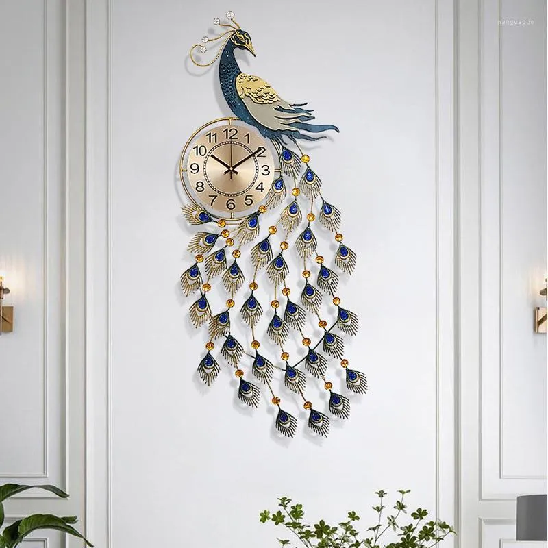 Wall Clocks Metal Peacock Clock Chinese Quiet Living Room Restaurant Kitchen Hanging Watch Single Sided Battery Powered