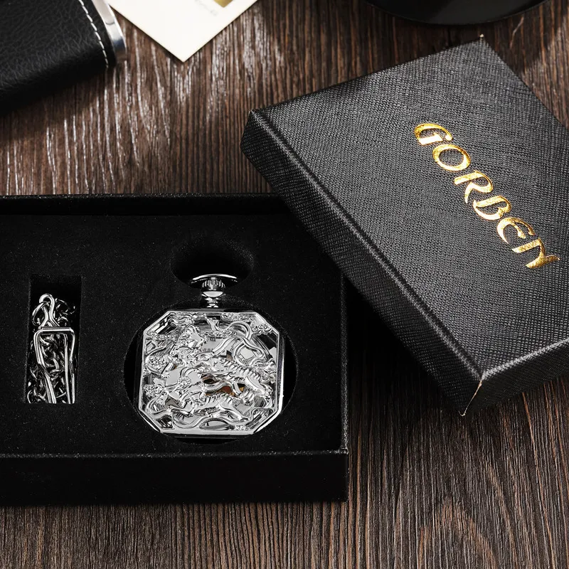 Pocket Watches Square Mechanical Watch Men Black Lucky Chinese Kirin Fighting China Animal Brave Symbol Pendant Chain Fob Clock 221105