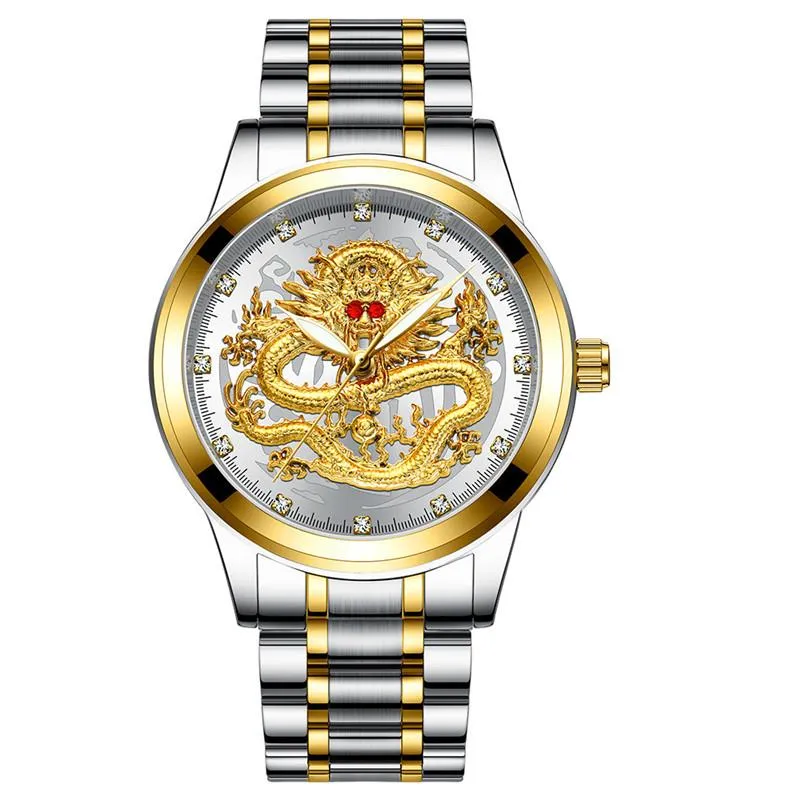 Wristwatches Golden Mens Watches Top Chinese Dragon Watch Business Full Steel Quartz Clock Male Relogio Masculino Moun22