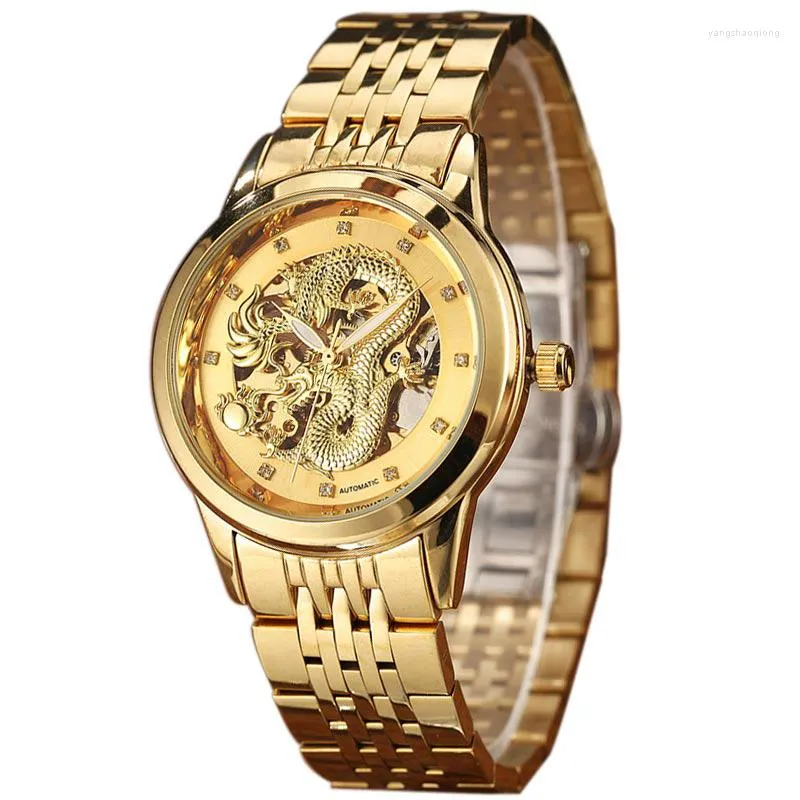 Wristwatches BOX Luxury Chinese Dragon Watches Men Automatic MECHANICAL Golden Wristwatch Stainless Steel Luminous Hands Male Skeleton Reloj