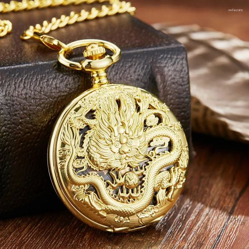 Pocket Watches Luxury Sliver Steampunk Skeleton Chinese Flying Dragon Mechanical Watch Chain Pendant Hand Wind Men Fob