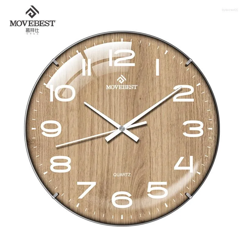 Wall Clocks 12 Inches Clock Luminous Arc Chinese Wood Grain Home Living Room Mute Rimless Convex Glass Watch Decor Garden