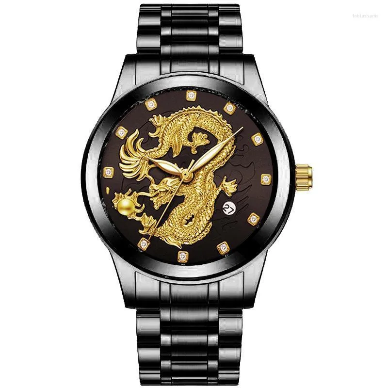 Wristwatches Top Men Quartz Watch Classic Chinese Style Embossed Golden Dragon Steel Band Business Drop