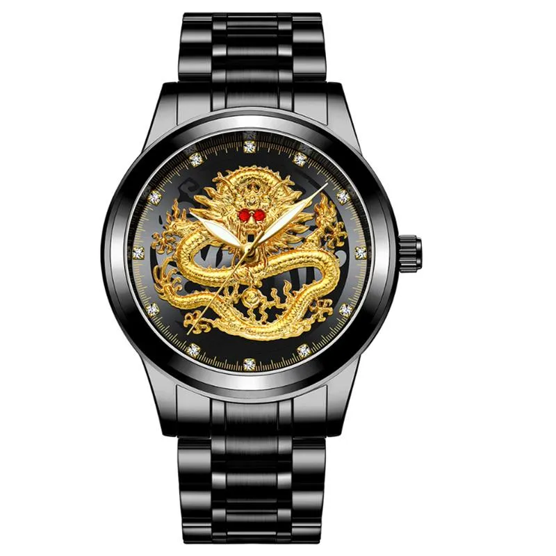 Wristwatches 2022 Golden Mens Watches Top Chinese Dragon Watch Business Full Steel Quartz Clock Male Relogio Masculino