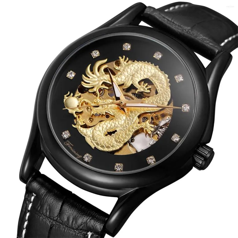 Wristwatches Forsining Chinese Dragon Diamond Dial Waterproof Automatic Men Wrist Watch Top Mechanical Military Skeleton