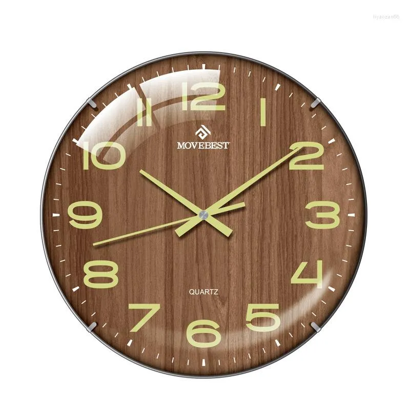 Wall Clocks 12 Inches Clock Luminous Arc Chinese Wood Grain Home Living Room Mute Rimless Convex Glass Watch Decor Garden