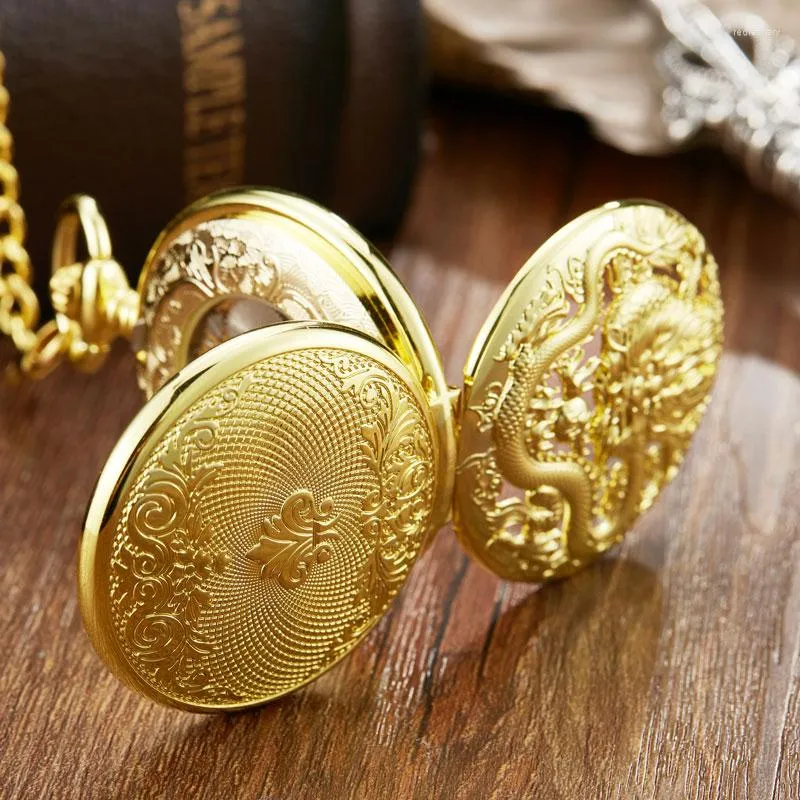 Pocket Watches Luxury Sliver Steampunk Skeleton Chinese Flying Dragon Mechanical Watch Chain Pendant Hand Wind Men Fob