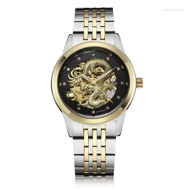 Wristwatches BOX Luxury Chinese Dragon Watches Men Automatic MECHANICAL Golden Wristwatch Stainless Steel Luminous Hands Male Skeleton Reloj