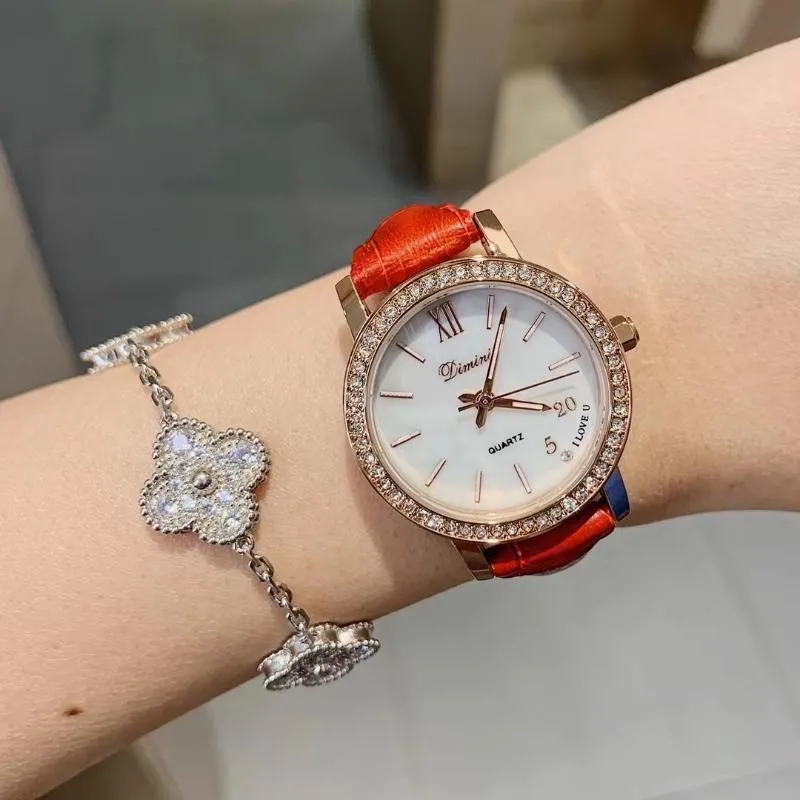 Wristwatches Candy Color Real Leather Strap Wrist Watch For Women Sparkly Crystals Analog Watches Waterproof Shell China Chic LOVE