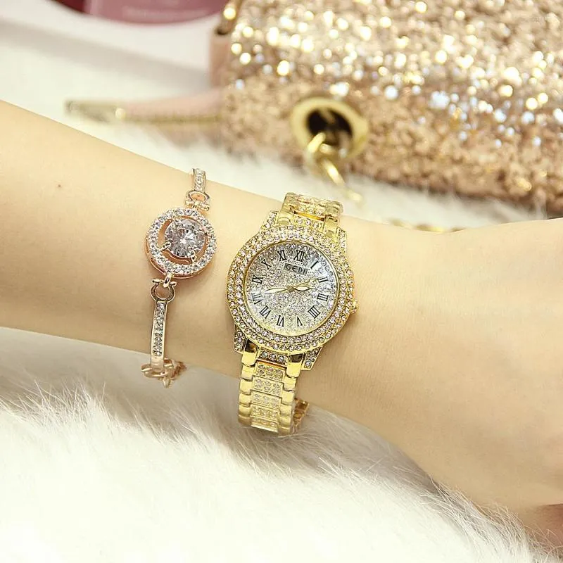 Wristwatches Women Wrist Watch Silver Gold Color Western Stainless Steel With Glass Chinese Movement Flat Round Plated