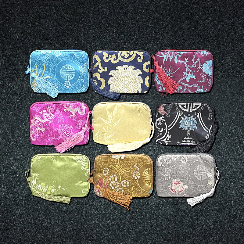 Custom 9x12 cm Cotton Filled Small Zip Jewelry Gift Bags Chinese Silk Brocade Zipper Pouch Watch Bracelet Storage Bag 100pcs/lot