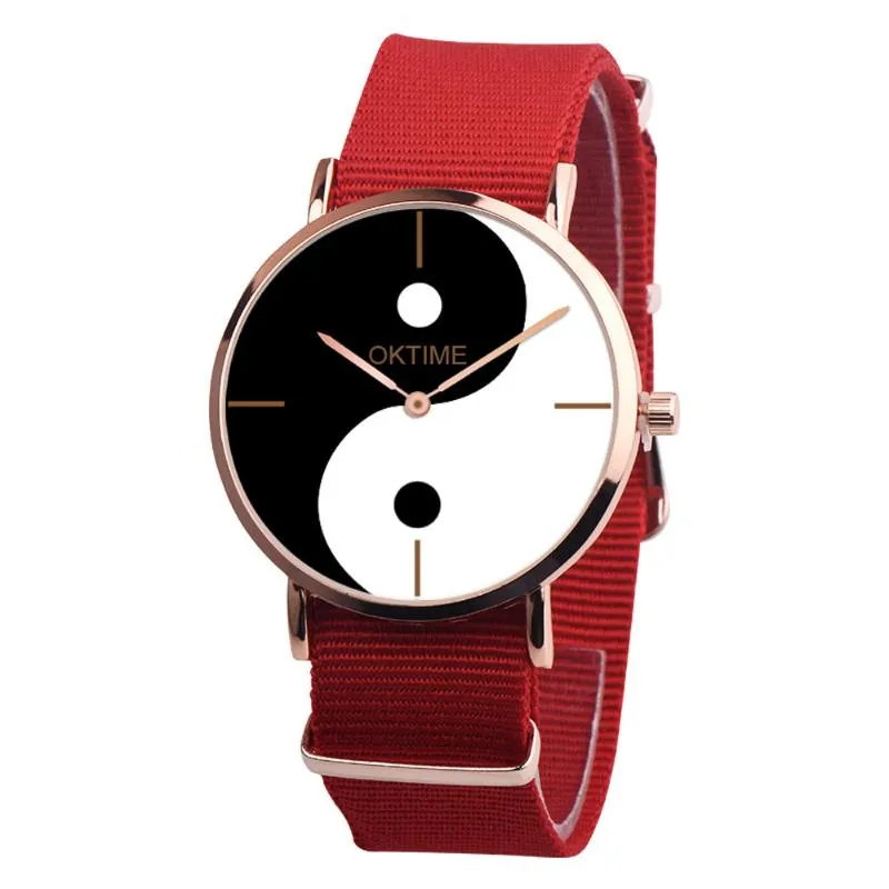 Wristwatches Simple Women Watch Retro Chinese Style Tai Chi Black And White Dial Design Ladies Quartz Watches Canvas Strap Clock Kol Saati 4