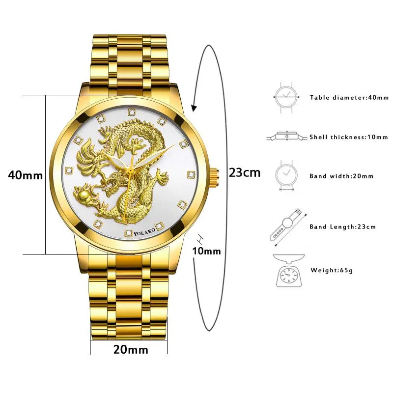 Wristwatches Chinese Dragon Temperament Business Clock Classic Stainless Steel Strap Quartz Rhinestone Scale Luxury Embossed Men Watch