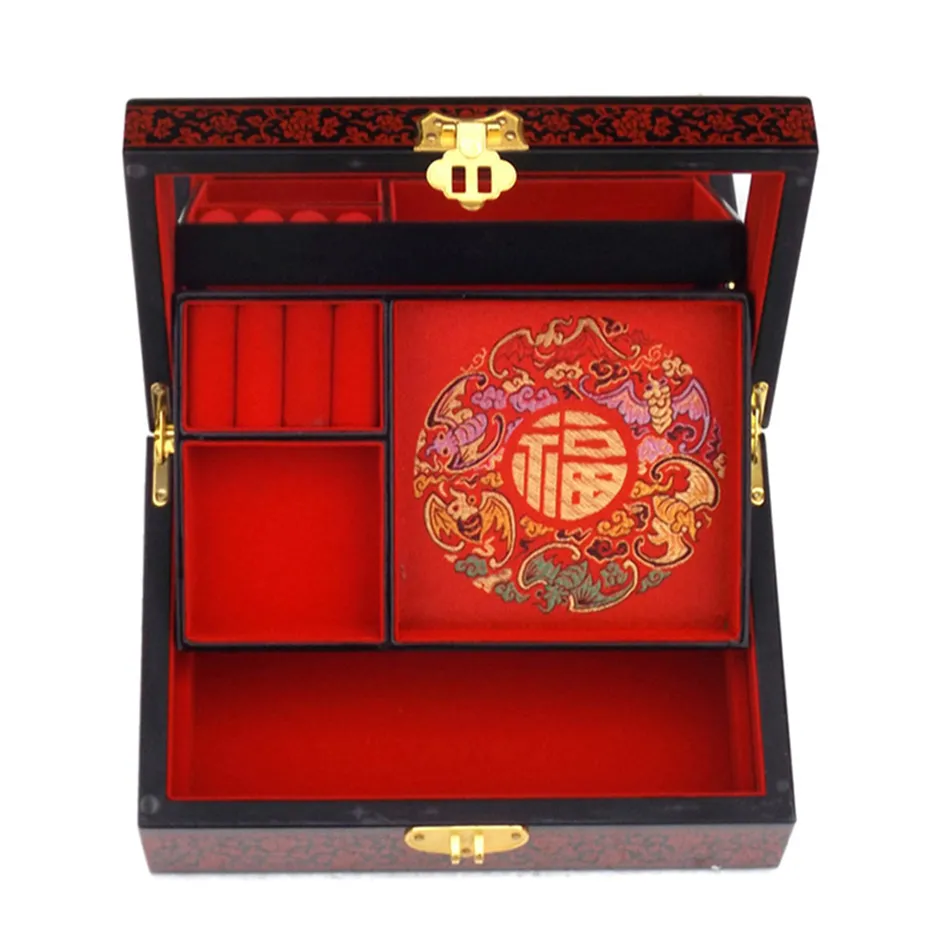 2 layer Vintage Decorative Wooden Jewellery Box with Lock Lacquerware Chinese Jewel Storage Box Birthday Wedding Gift Watch Makeup Box