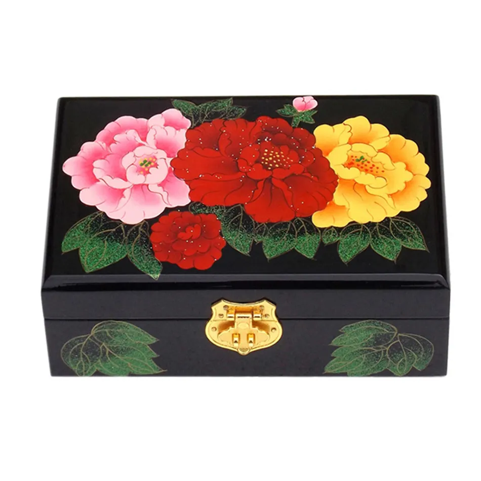 2 layer Vintage Decorative Wooden Jewellery Box with Lock Lacquerware Chinese Jewel Storage Box Birthday Wedding Gift Watch Makeup Box