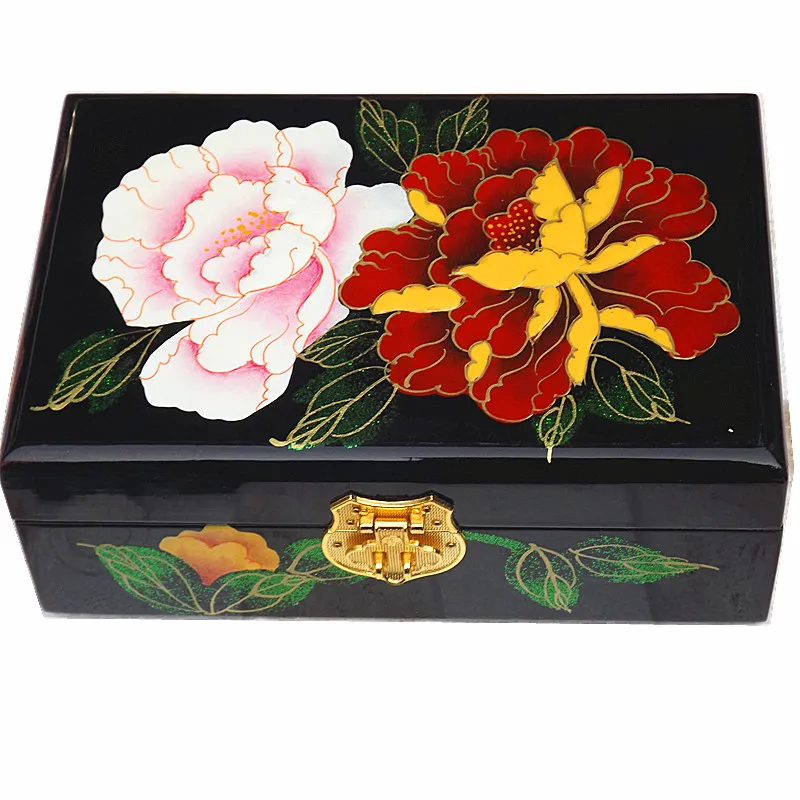 2 layer Vintage Decorative Wooden Jewellery Box with Lock Lacquerware Chinese Jewel Storage Box Birthday Wedding Gift Watch Makeup Box