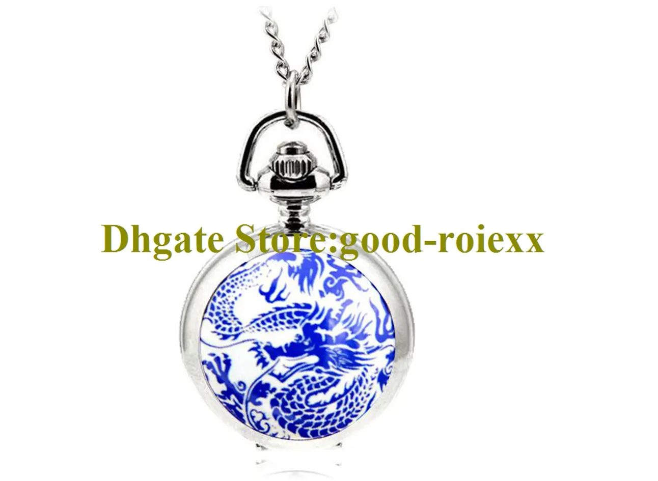 Chinese dragon Enamel Women's Pocket Watch Necklace Accessories Sweater Chain Ladies Hanging Mens Mirror Ladys Watches A00093