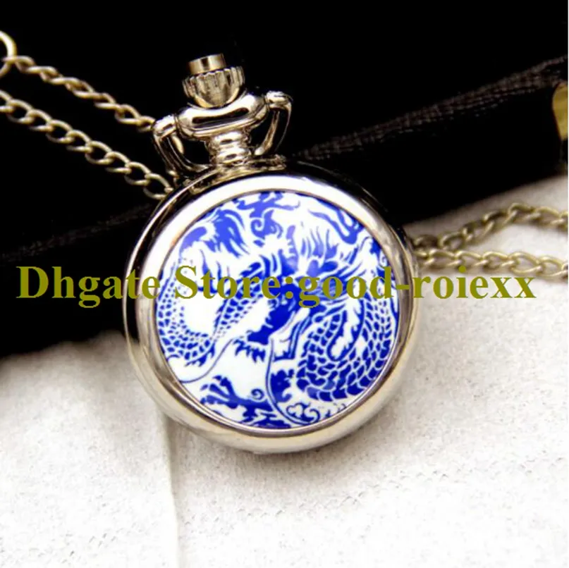 Chinese dragon Enamel Women's Pocket Watch Necklace Accessories Sweater Chain Ladies Hanging Mens Mirror Ladys Watches A00093