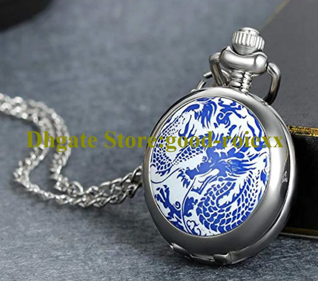 Chinese dragon Enamel Women's Pocket Watch Necklace Accessories Sweater Chain Ladies Hanging Mens Mirror Ladys Watches A00093