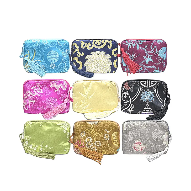 9x12 cm Custom Cotton Filled Small Zipper Gift Bags for Jewelry Packaging Chinese Silk Brocade Zip Pouch Watch Bracelet Storage Bag Party Favors 100pcs/lot