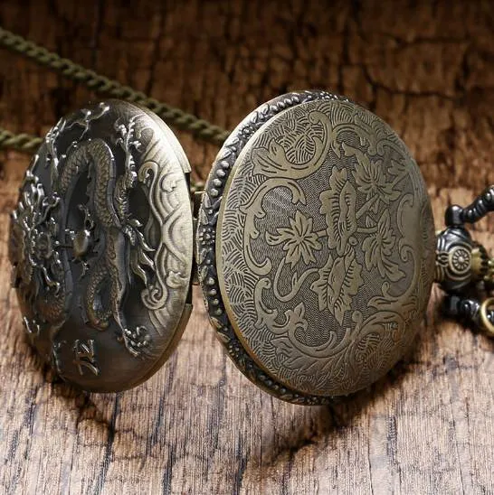 3D Chinese Dragon Bronze Quartz Pocket Watch Necklace Pendant Clock Free Shipping