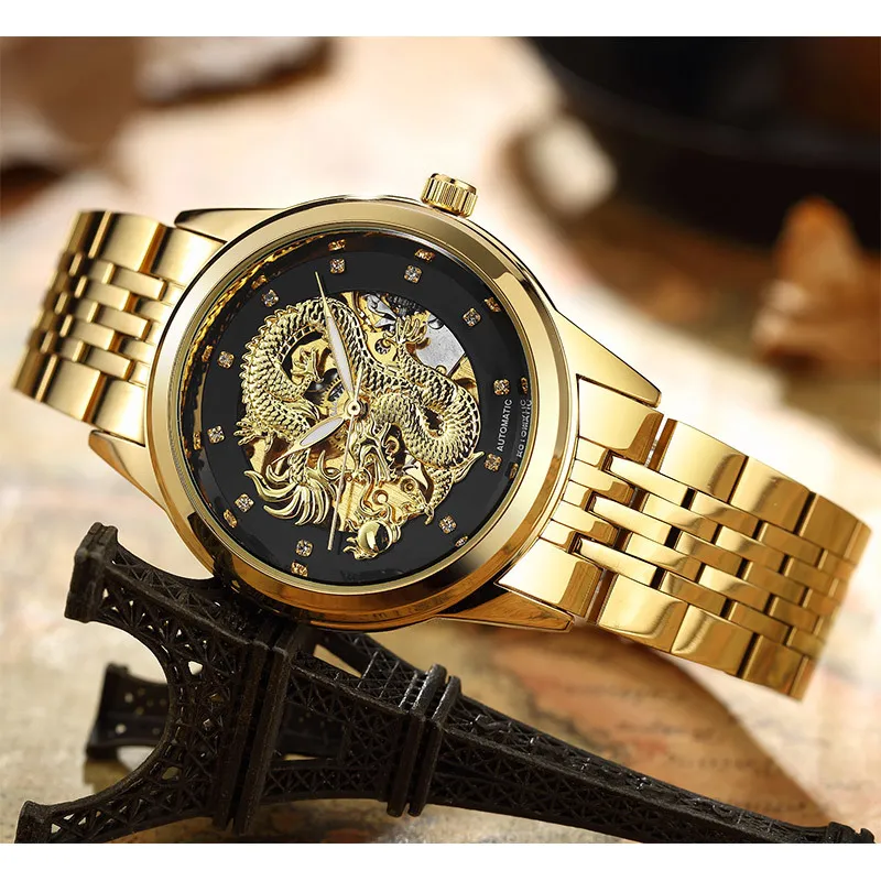 Skeleton Gold Mechanical Watch Men Automatic 3D Carved Dragon Steel Mechanical Wrist Watch China Luxury Top Brand Self Wind 2018 D18100706