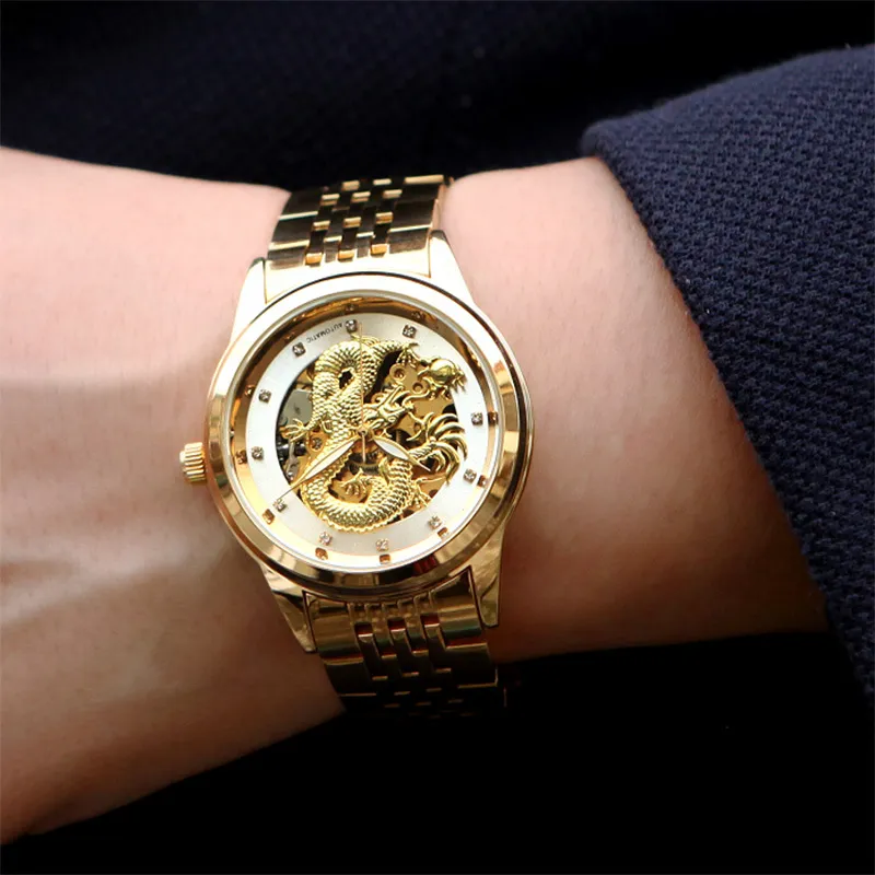 Skeleton Gold Mechanical Watch Men Automatic 3D Carved Dragon Steel Mechanical Wrist Watch China Luxury Top Brand Self Wind 2018 D18100706