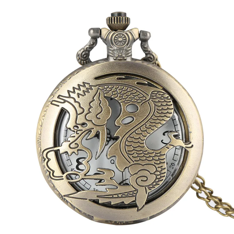 Zodiac Dragon Pocket Watch: Vintage China Style, Analog Quartz with Chain Necklace. Perfect Birthday Gift for Men and Women.