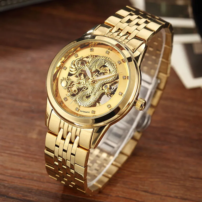 Skeleton Gold Mechanical Watch Men Automatic 3d Carved Dragon Steel Mechanical Wrist Watch China Luxury Top Brand Self Wind 2018 Y19052103