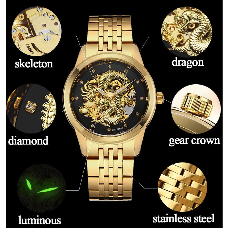 Skeleton Gold Mechanical Watch Men Automatic 3d Carved Dragon Steel Mechanical Wrist Watch China Luxury Top Brand Self Wind 2018 Y19052103