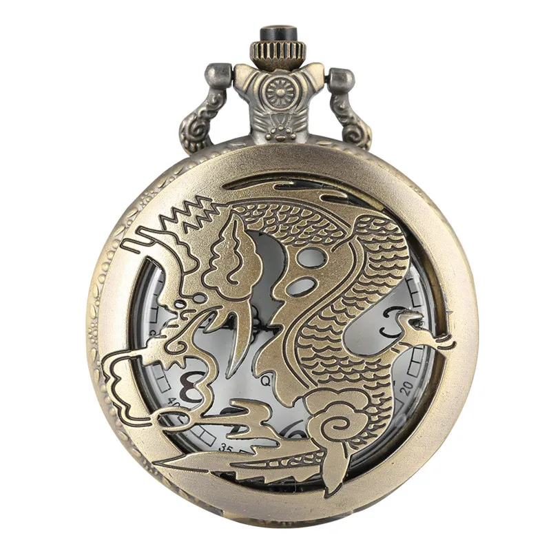 Zodiac Dragon Pocket Watch: Vintage China Style, Analog Quartz with Chain Necklace. Perfect Birthday Gift for Men and Women.